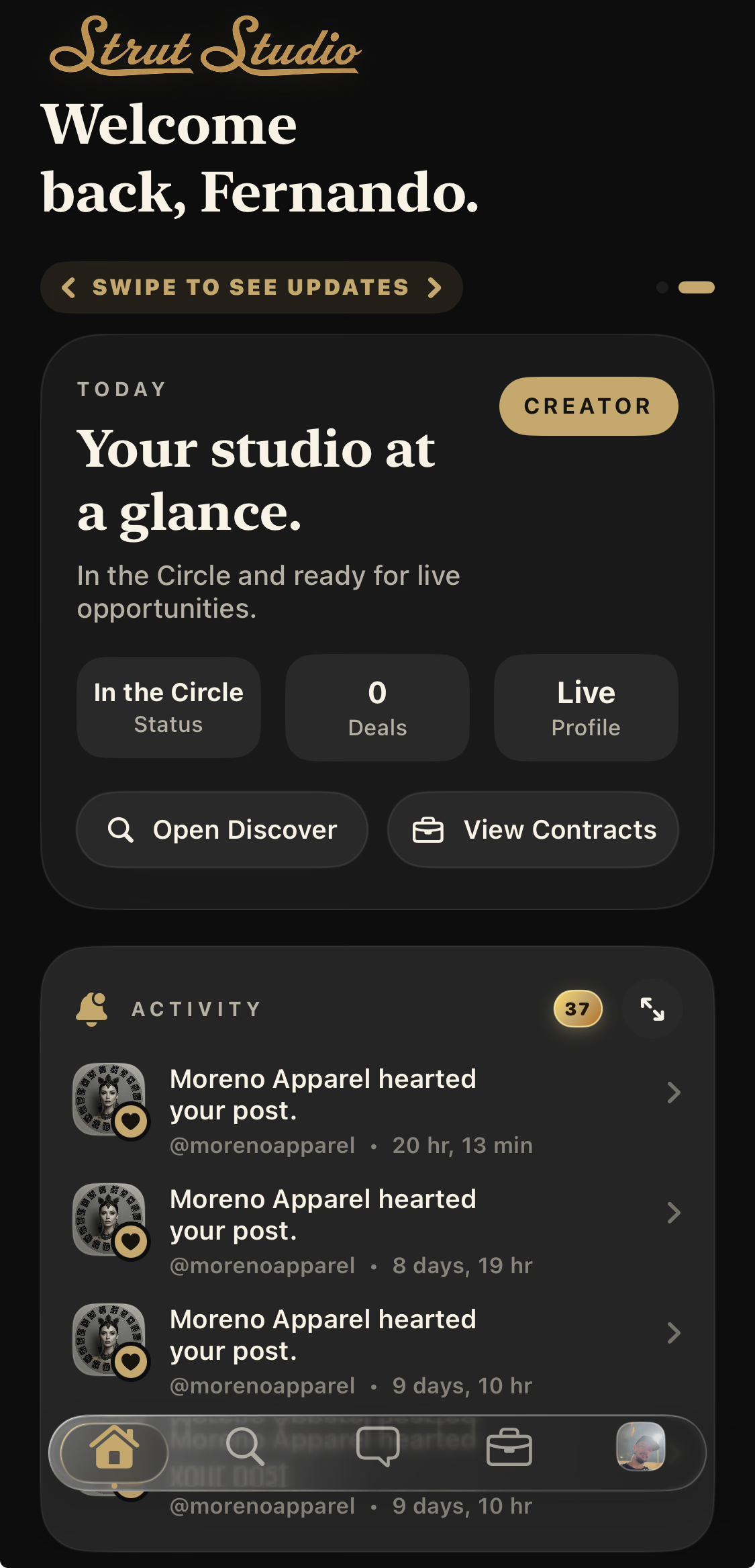 Strut Studio home screen showing a personalized studio overview and recent activity