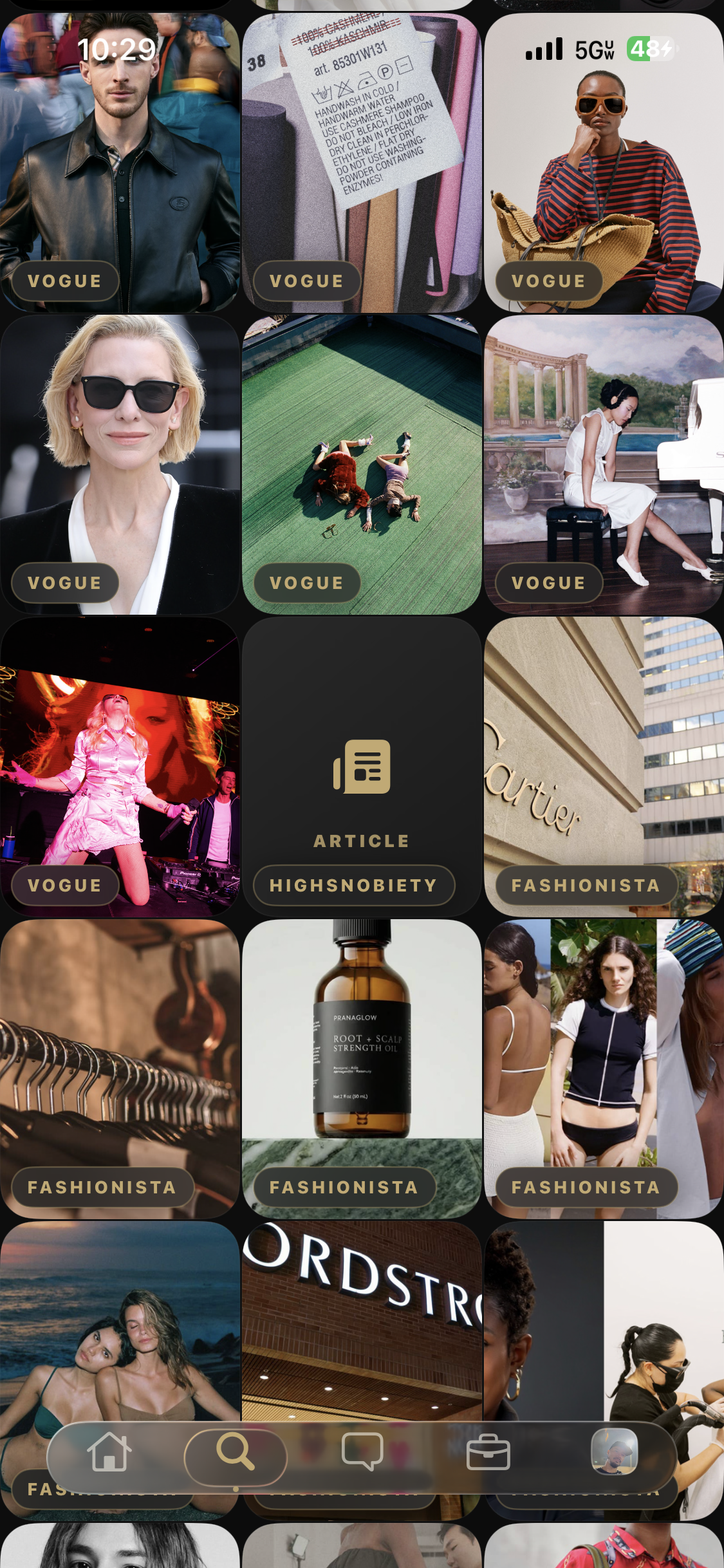 Strut Studio discovery grid featuring fashion imagery and editorial articles