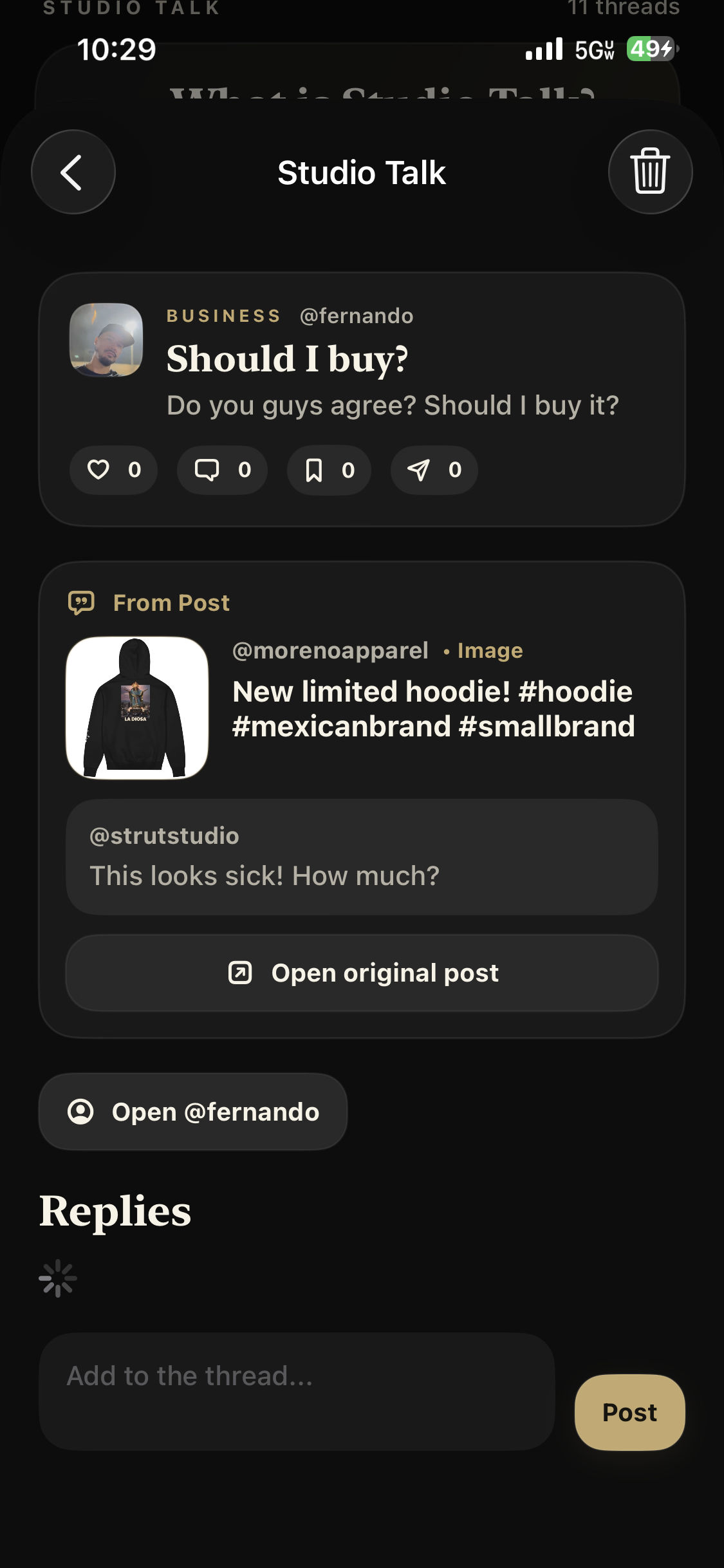 A Studio Talk thread where fashion creatives can discuss work and reply together