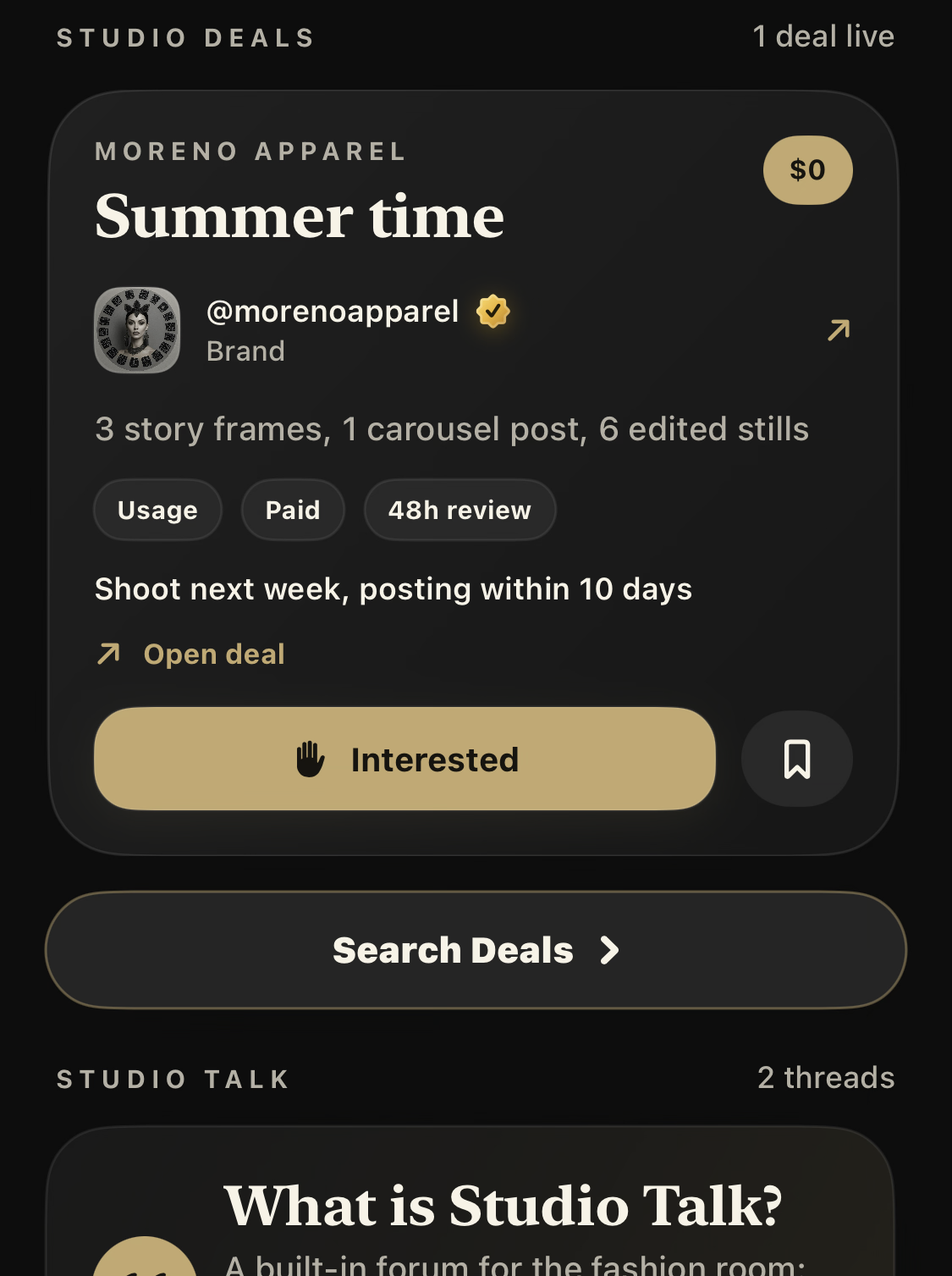 A Strut Studio deal showing creative deliverables, timing, terms, and interest